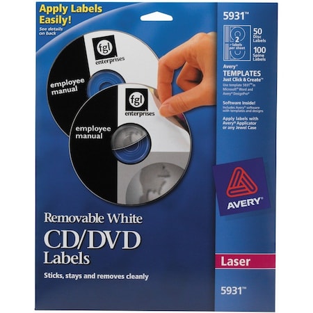 Avery CD Labels, Laser Matte, Removable, 50/PK, White 50PK AVE5931